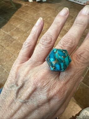 Jay King Turquoise Hexagon Statement Ring with Gold Veining